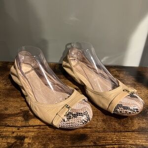 Cole Haan Tan Women Ballet Flats With Snakeskin Toe And Belt Accent Size 9.5